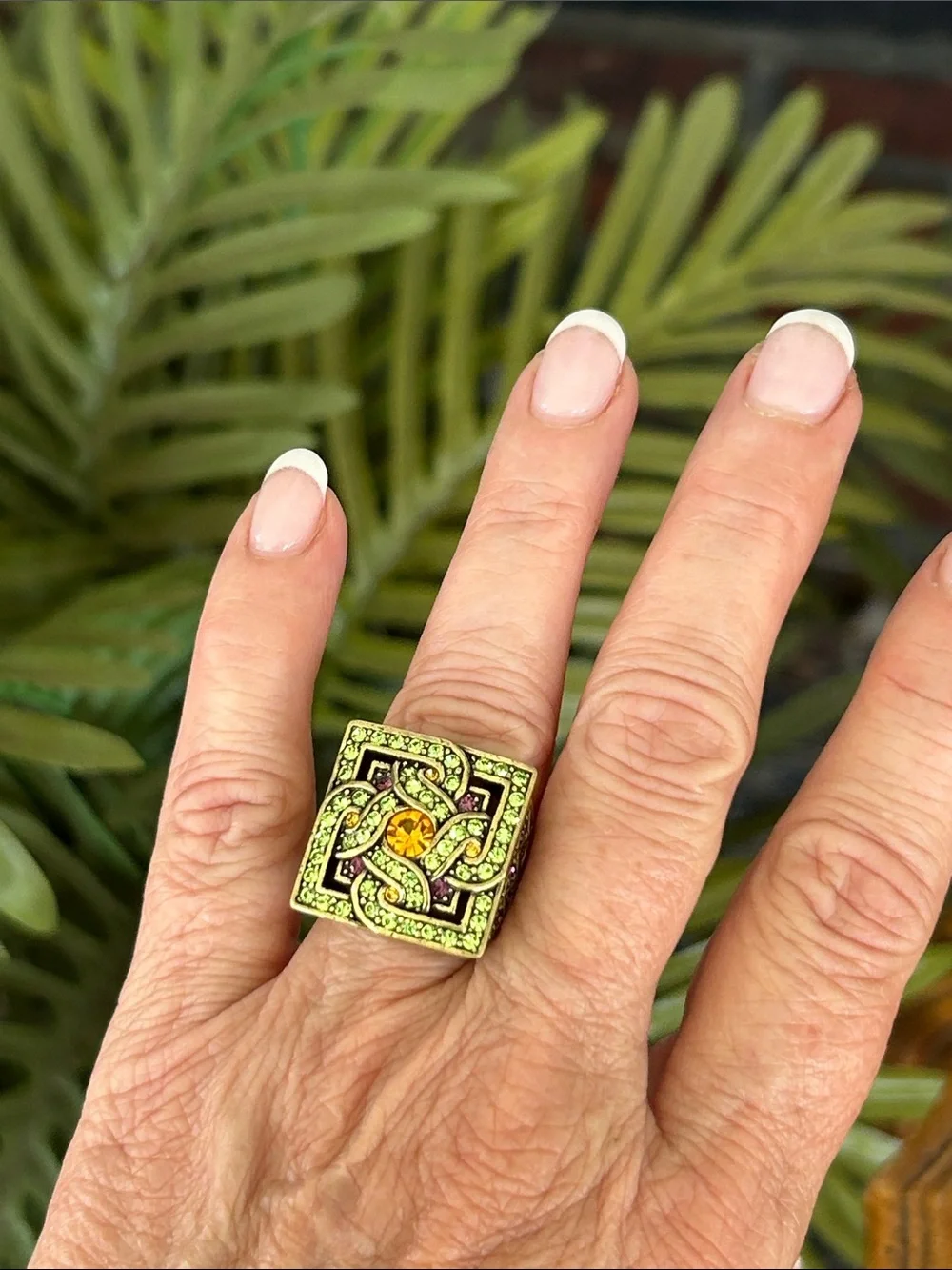 Celtic Knot Green Crystal Square Statement Ring with Amber Accent